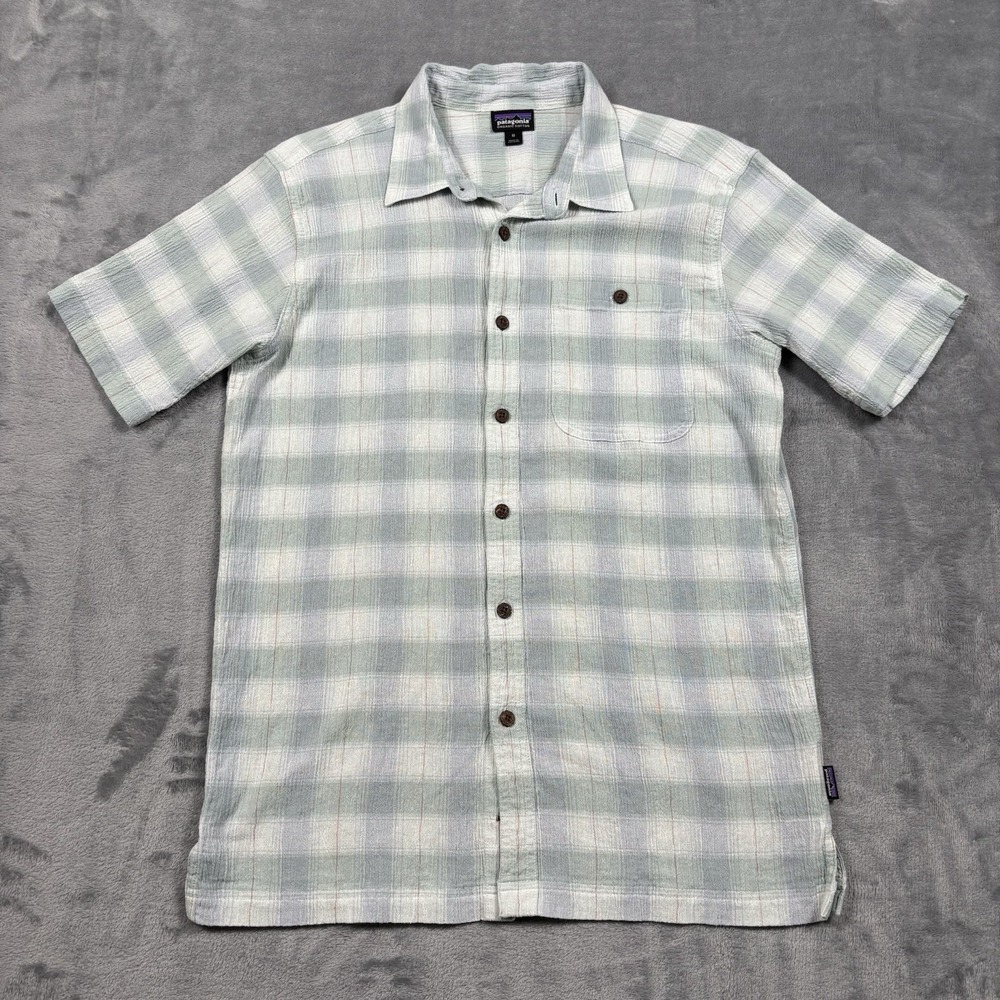 Patagonia AC Shirt Men Large Blue Plaid Organic Cotton Short Sleeve Button Front
